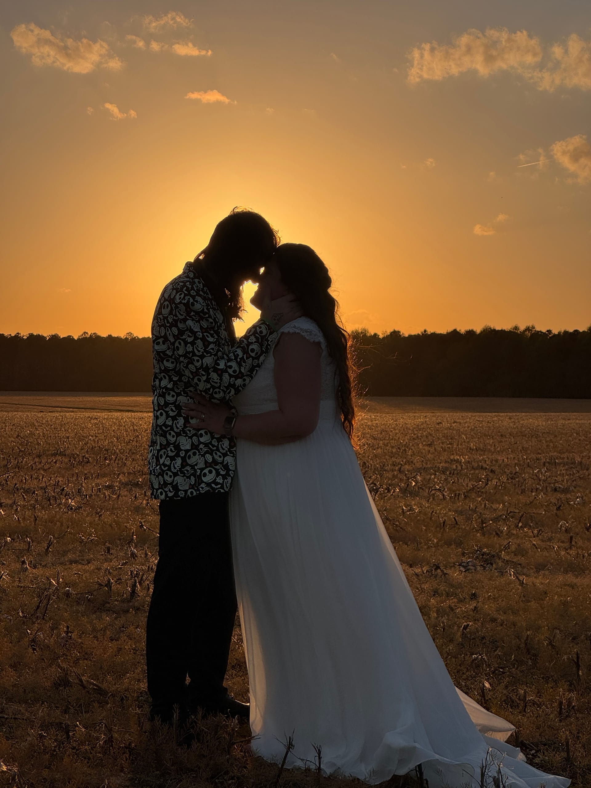 Silhouette of a bride in a flowing white gown and groom in a patterned jacket touching foreheads during a golden sunset over the farmland fields at Scarborough House.
