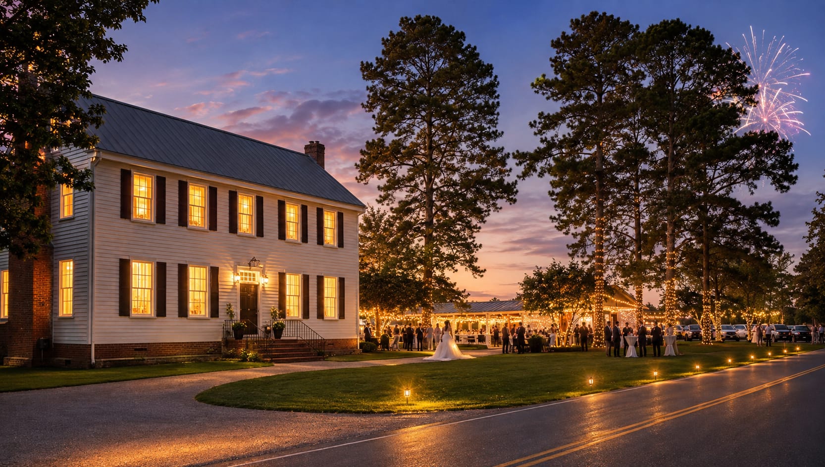 A breathtaking dusk view of Scarborough House historic estate with warm glowing windows, a string-light draped outdoor reception tent full of guests, tree-wrapped fairy lights, and a fireworks burst over the tree line at twilight.