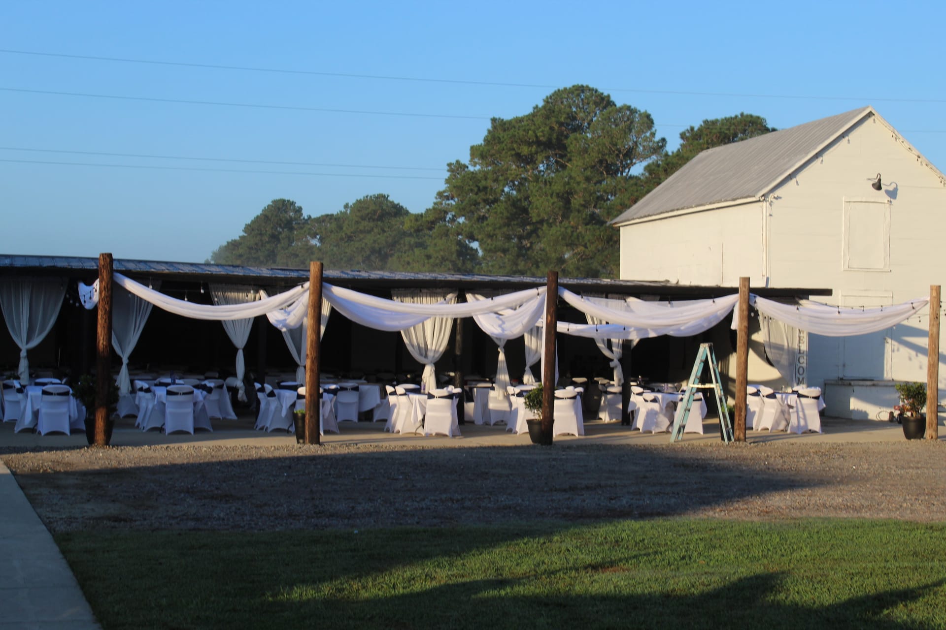 Outdoor wedding reception pavilion at Scarborough House decorated with flowing white fabric draping over rustic wooden posts and round tables set with white linens and dark chair sashes at golden hour.