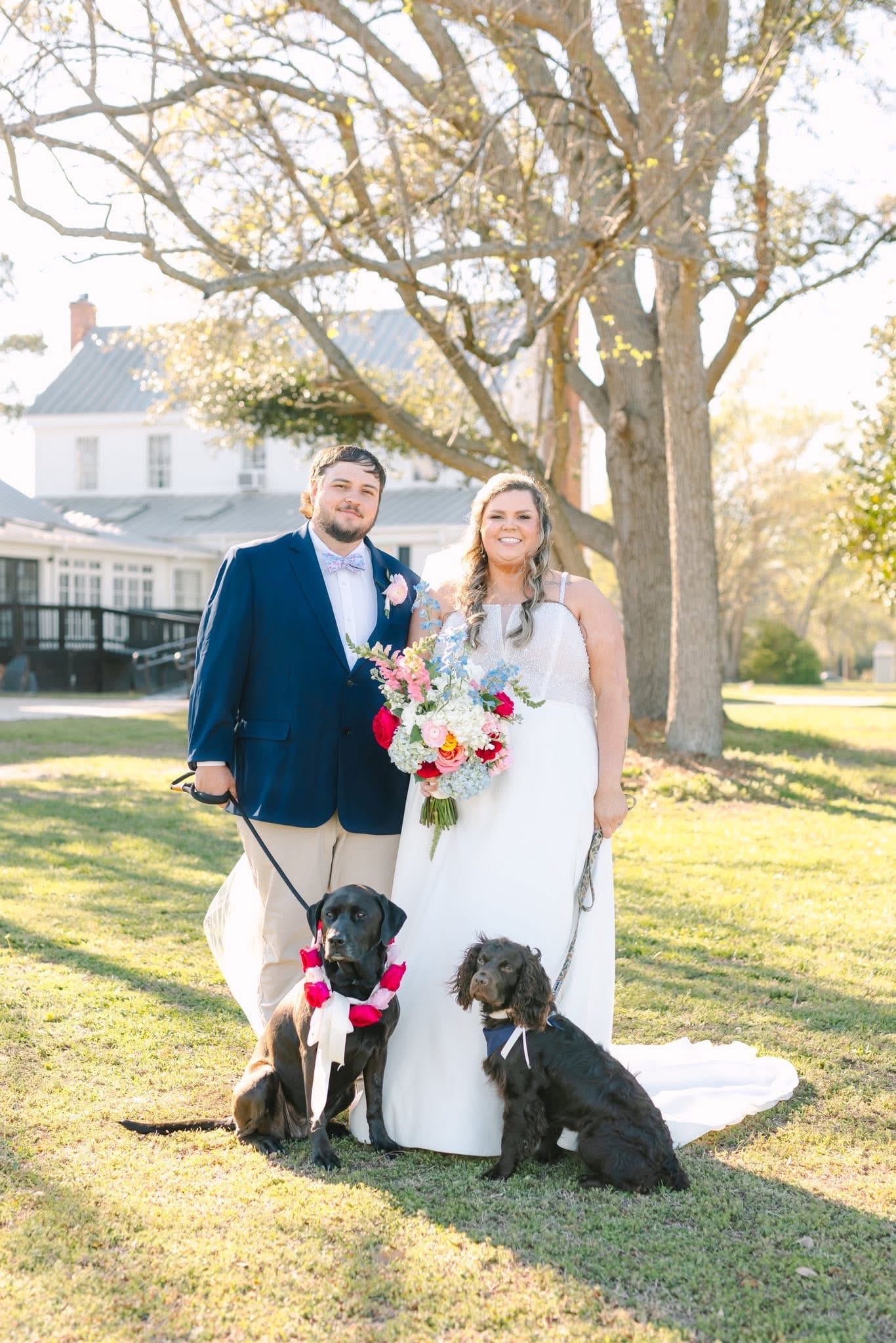 Bride and groom smile together on the ceremony lawn at Scarborough House with their two dark dogs dressed in floral wedding accessories, framed by large oak trees and the 1821 historic manor house in warm golden-hour light.