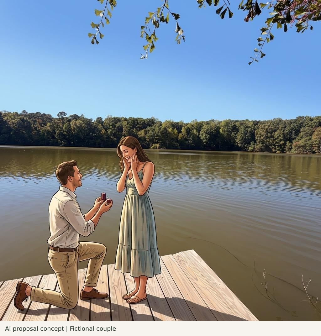 AI proposal illustration based on my Yates Mill photograph, with a fictional adult couple