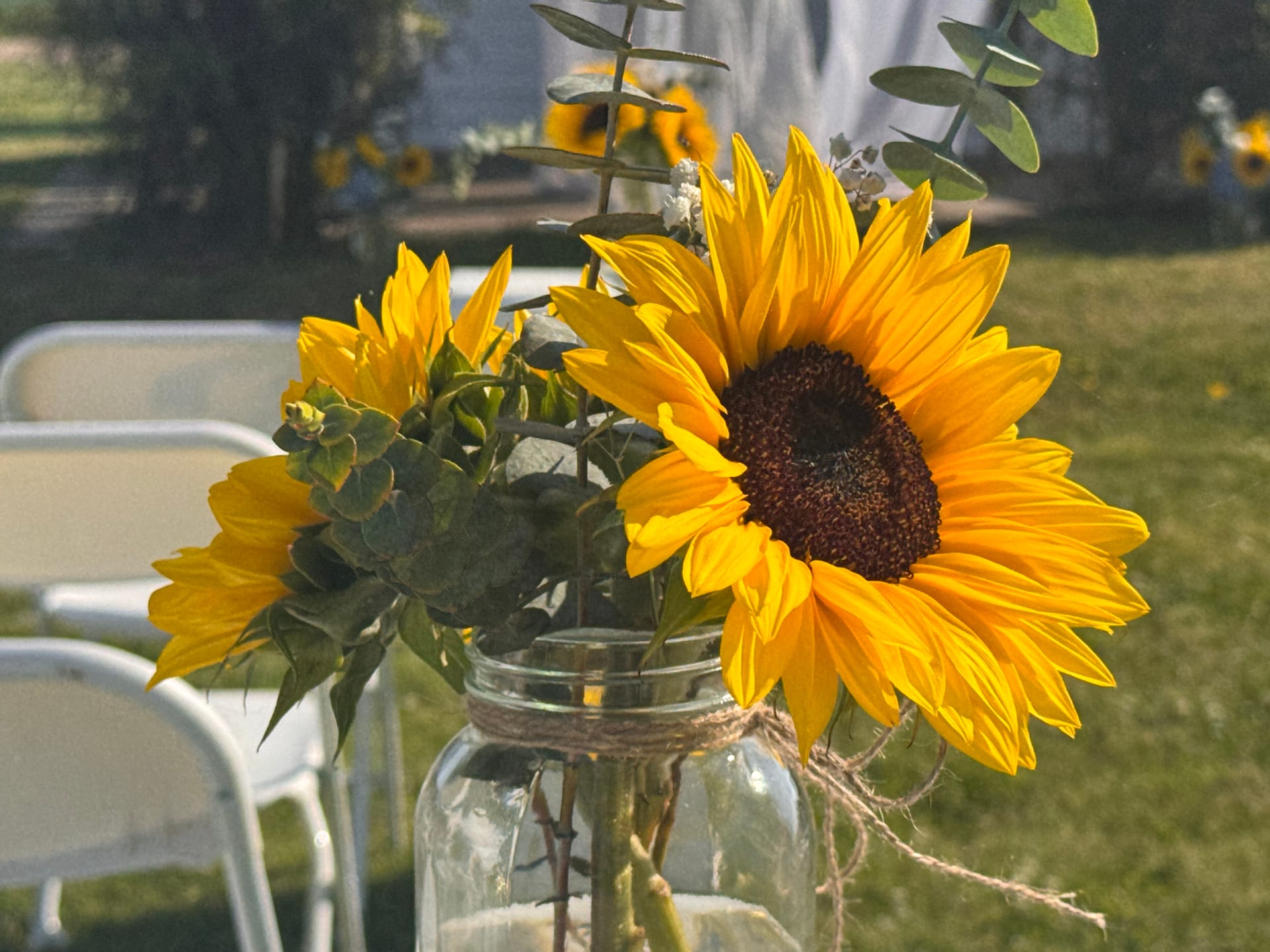 Bright yellow sunflowers and eucalyptus arranged in a twine-wrapped mason jar vase on the ceremony lawn at Scarborough House wedding venue.