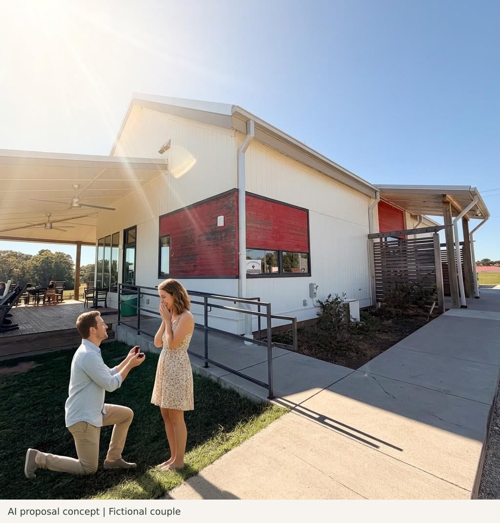 AI proposal concept based on my Howling Cow exterior photo, showing a fictional adult couple