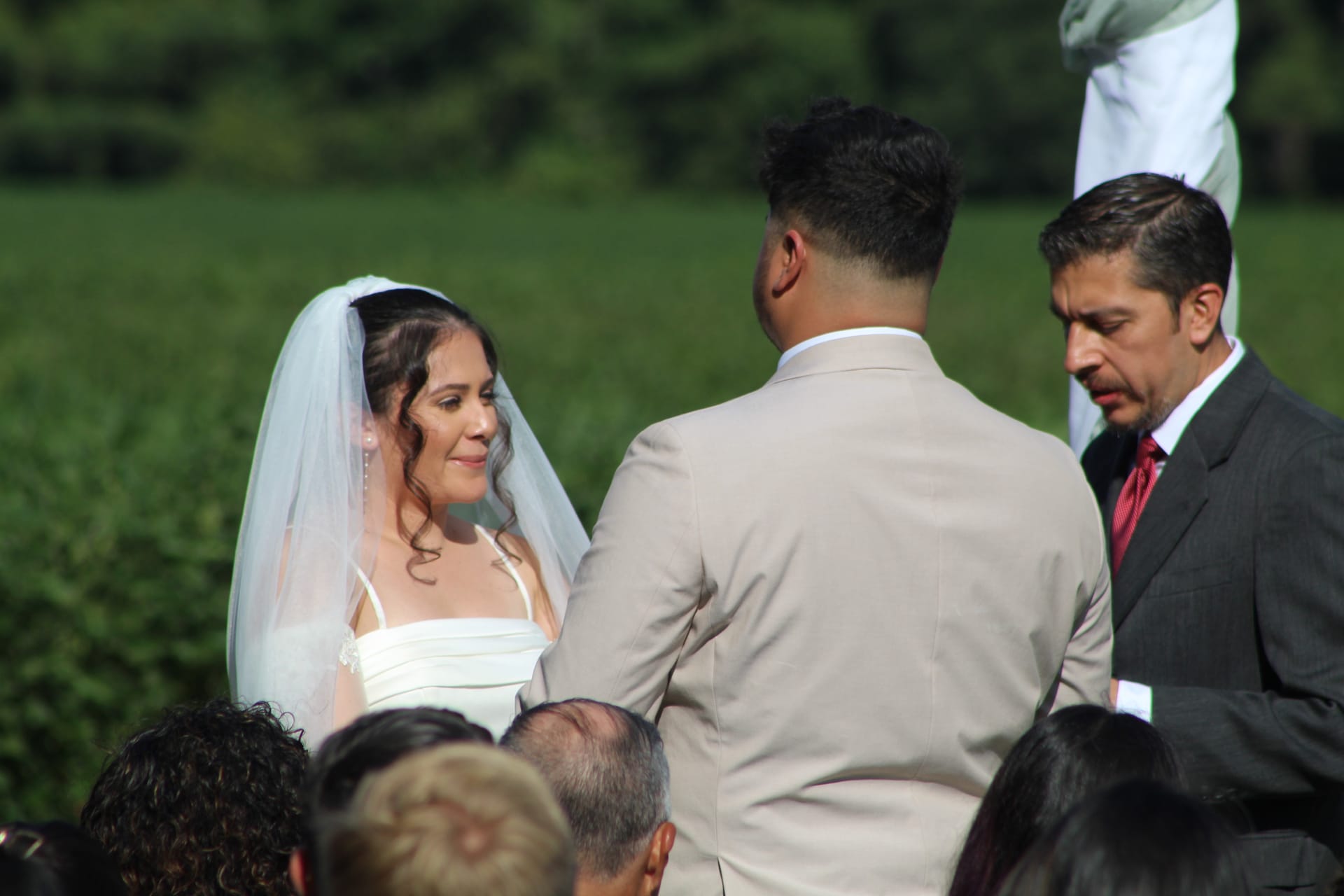 Bride in white gown and veil gazes lovingly at groom during outdoor wedding ceremony on a lush green lawn with officiant nearby.