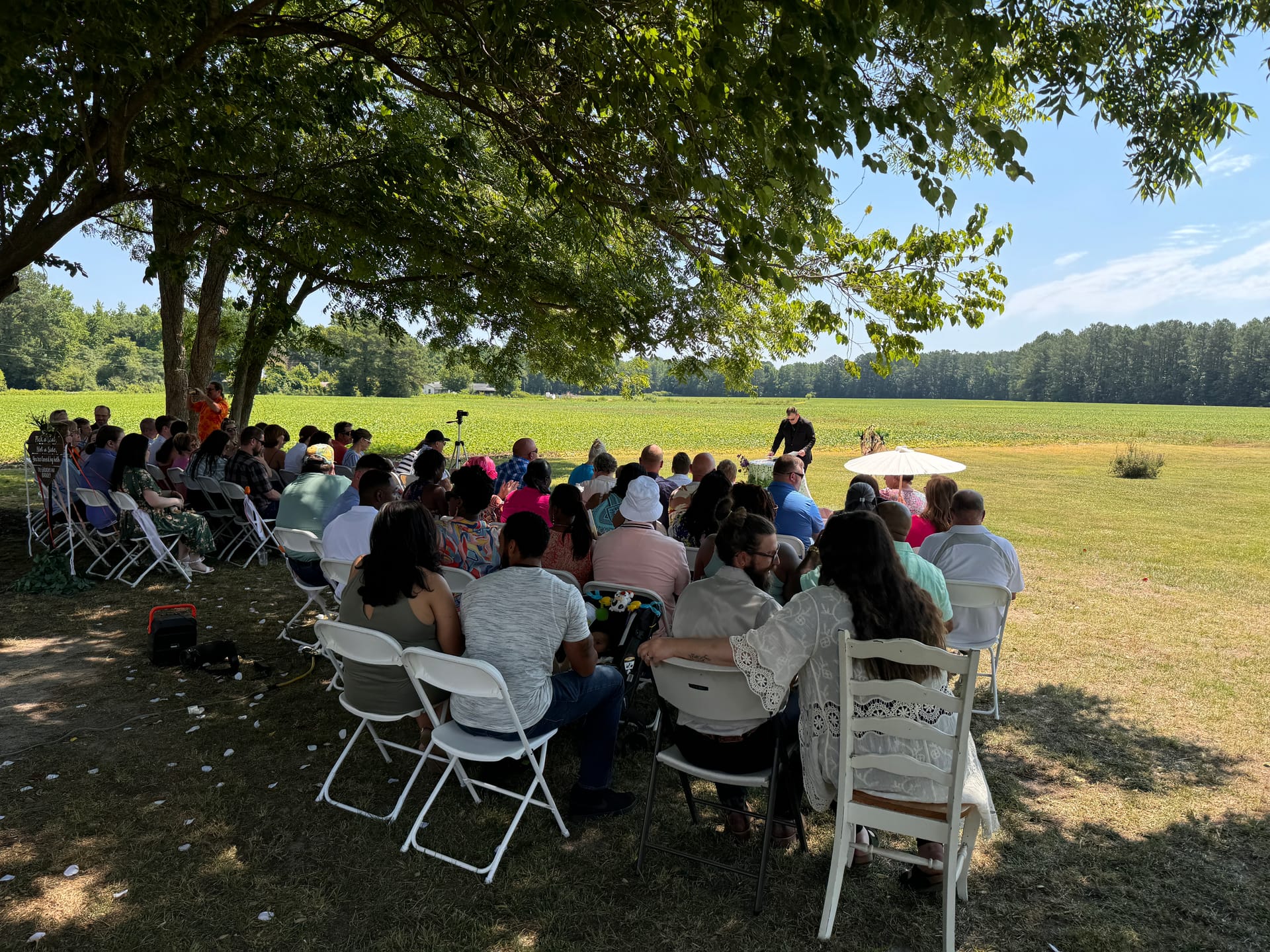 Guests seated in white chairs under a large shade tree watching an outdoor wedding ceremony on the sunlit ceremony lawn at Scarborough House with open farmland fields stretching into the distance.