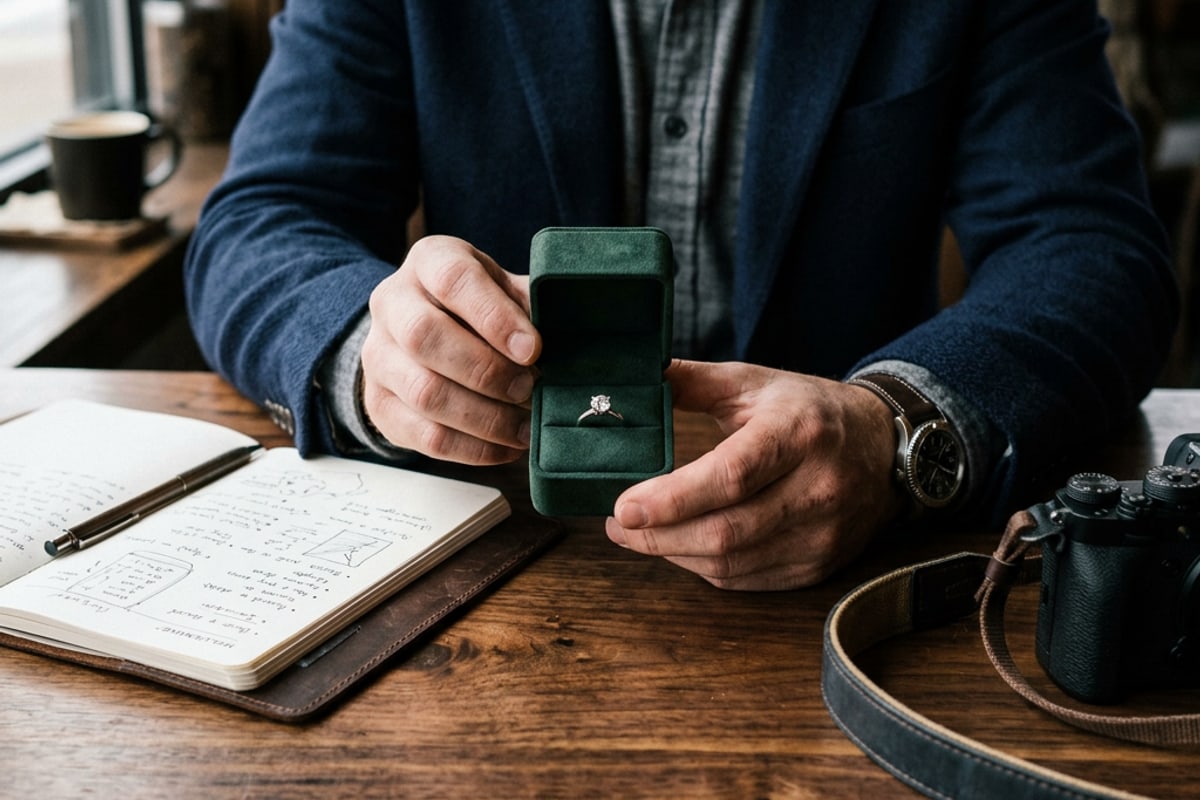 A man planning a proposal with an engagement ring box and notebook.