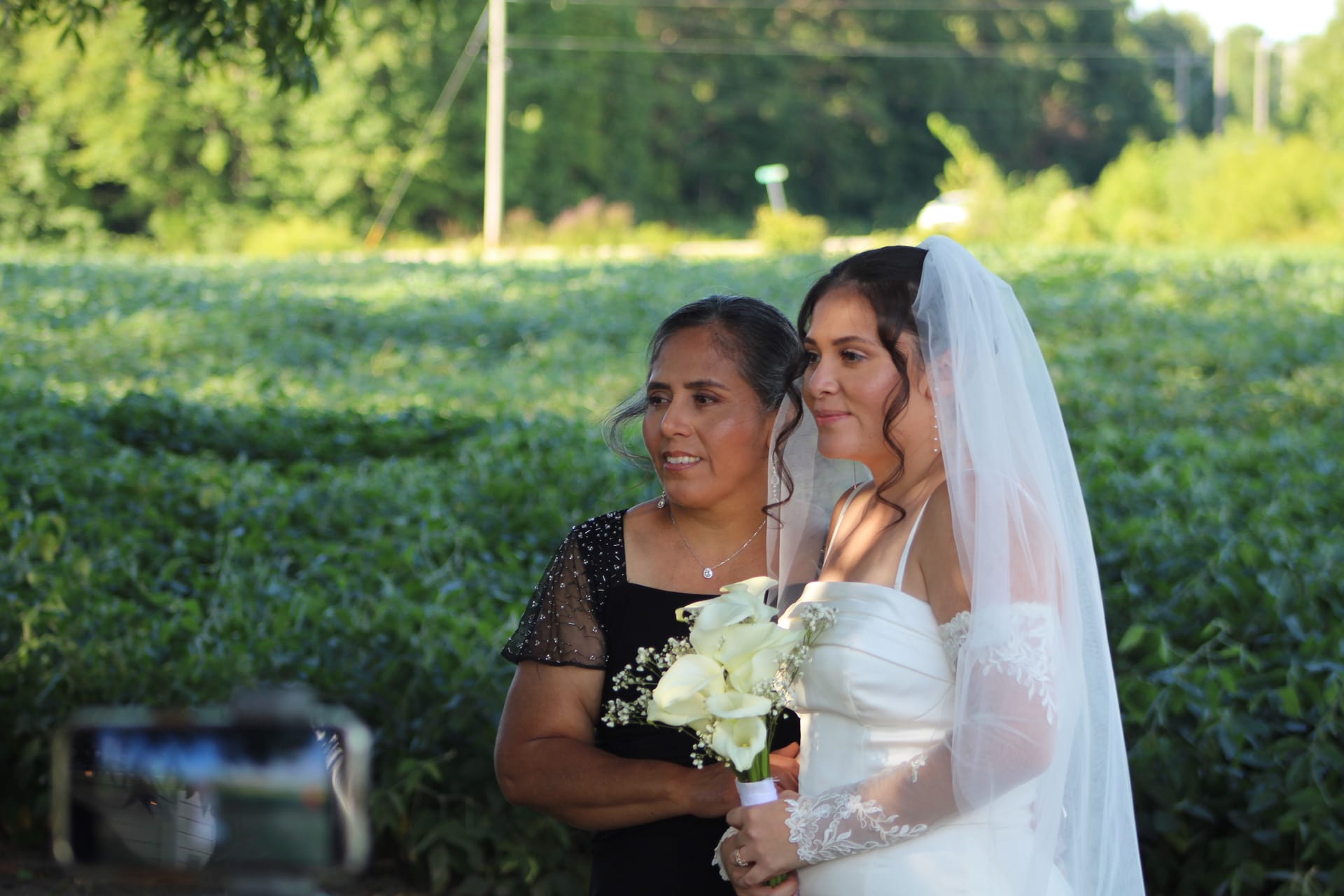 A bride in a white gown and veil holding a bouquet of white calla lilies stands beside an older woman in a black dress against a lush green farmland field at golden hour.