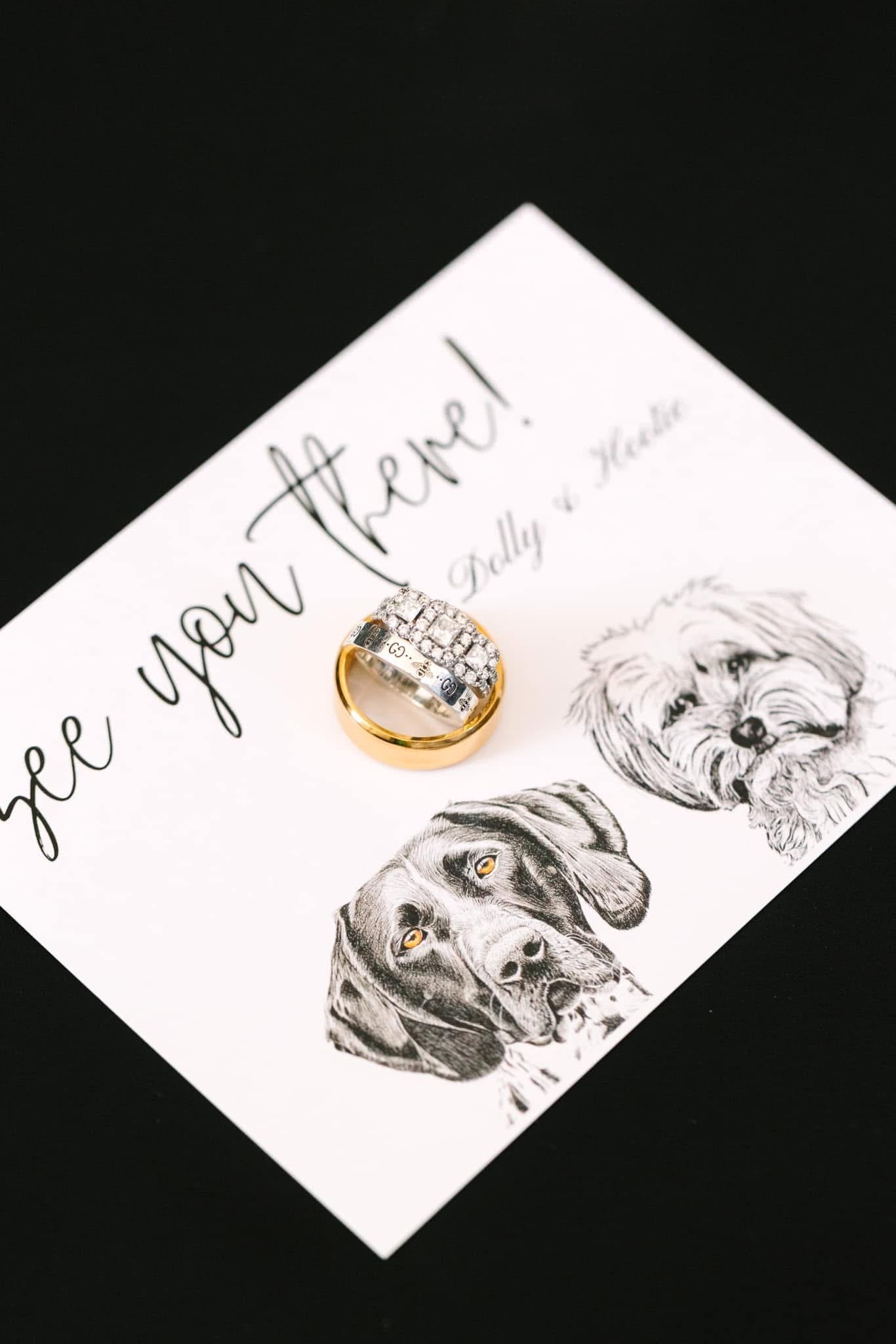 Wedding rings stacked on a custom save-the-date card reading see you there with hand-drawn illustrations of two dogs named Dolly and Hustle.