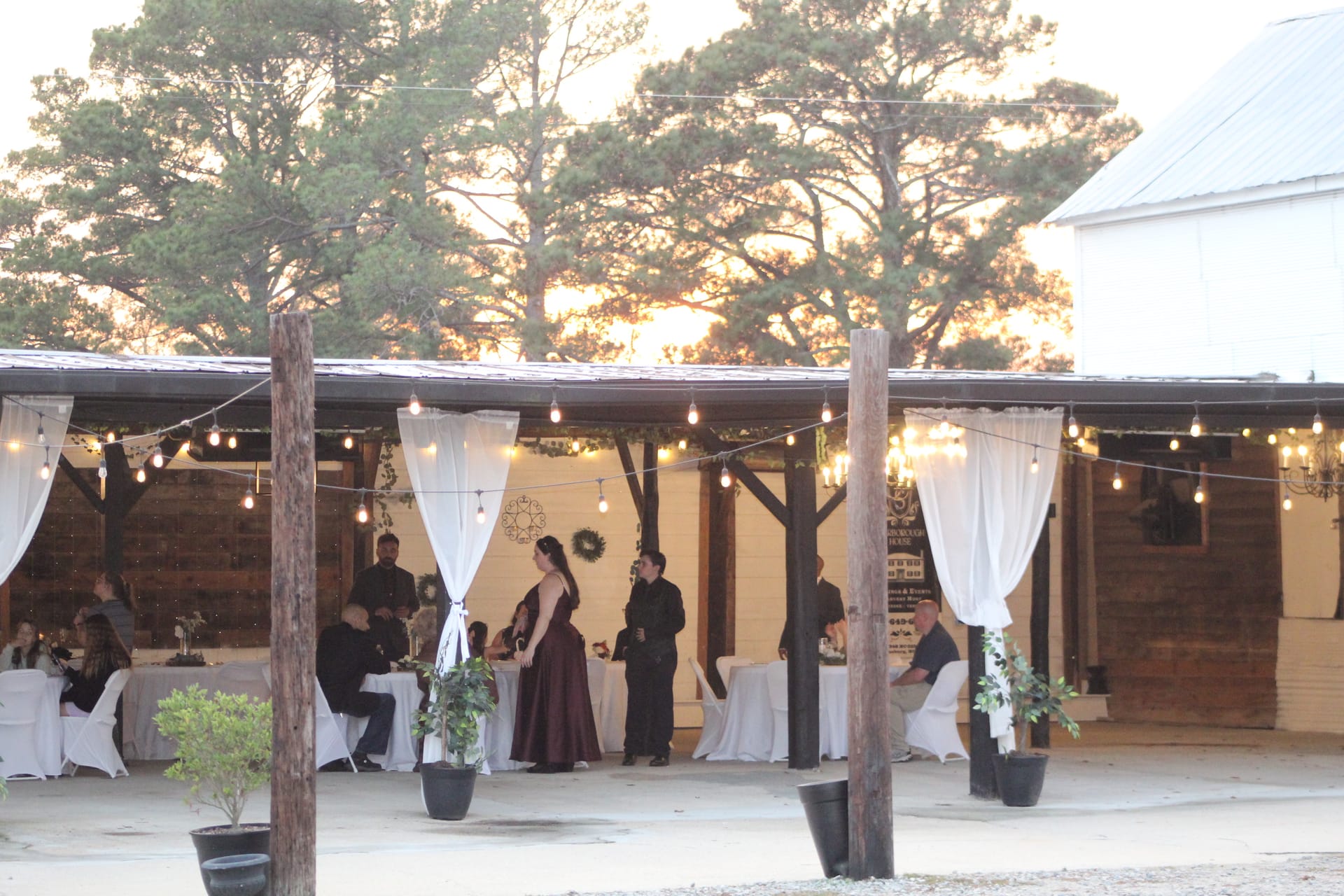 Guests mingle beneath a rustic covered pavilion adorned with warm string lights and white sheer drapes at Scarborough House during a golden-hour wedding reception.