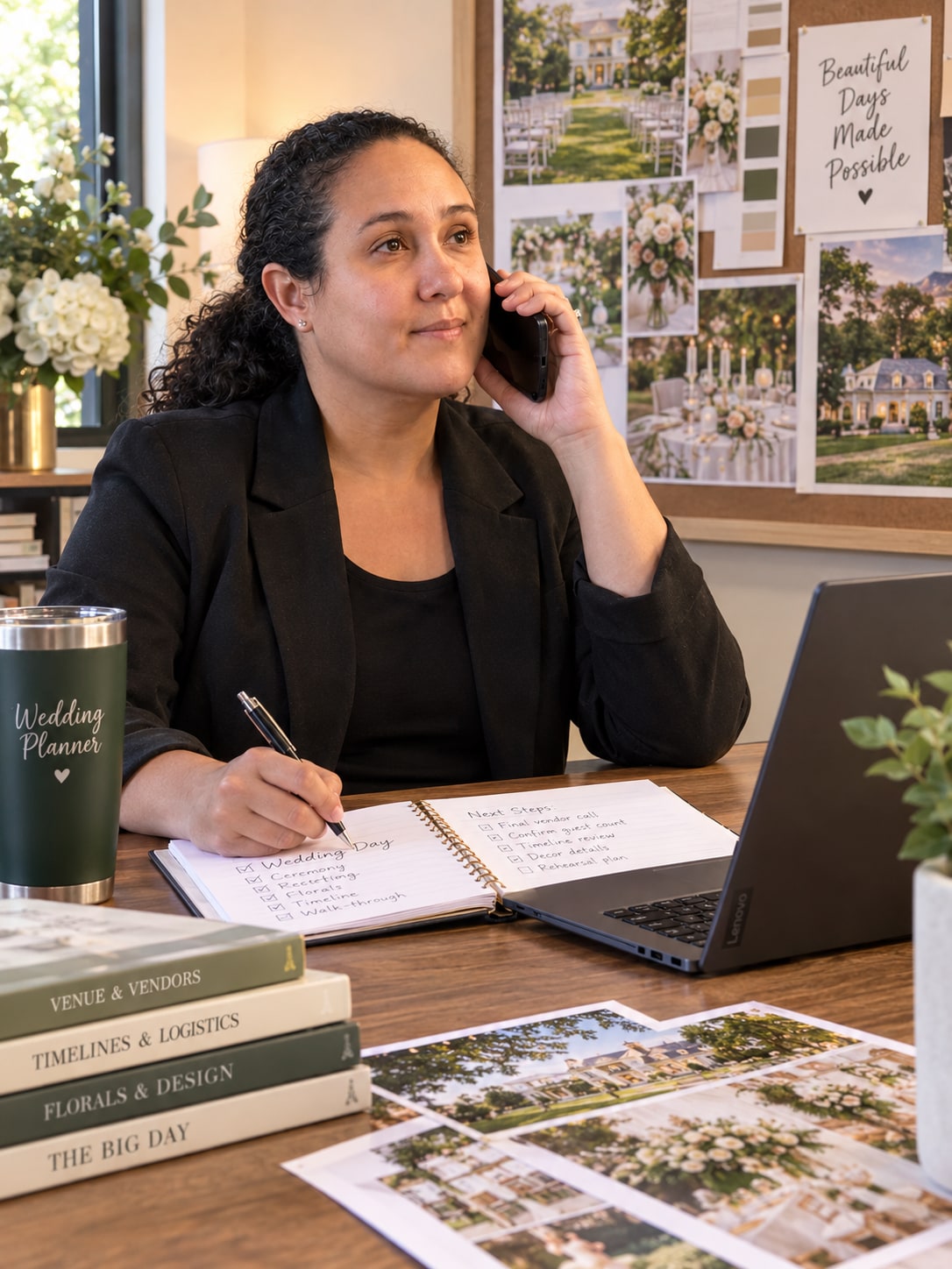 Wedding planner on the phone while taking notes beside a laptop and wedding inspiration board