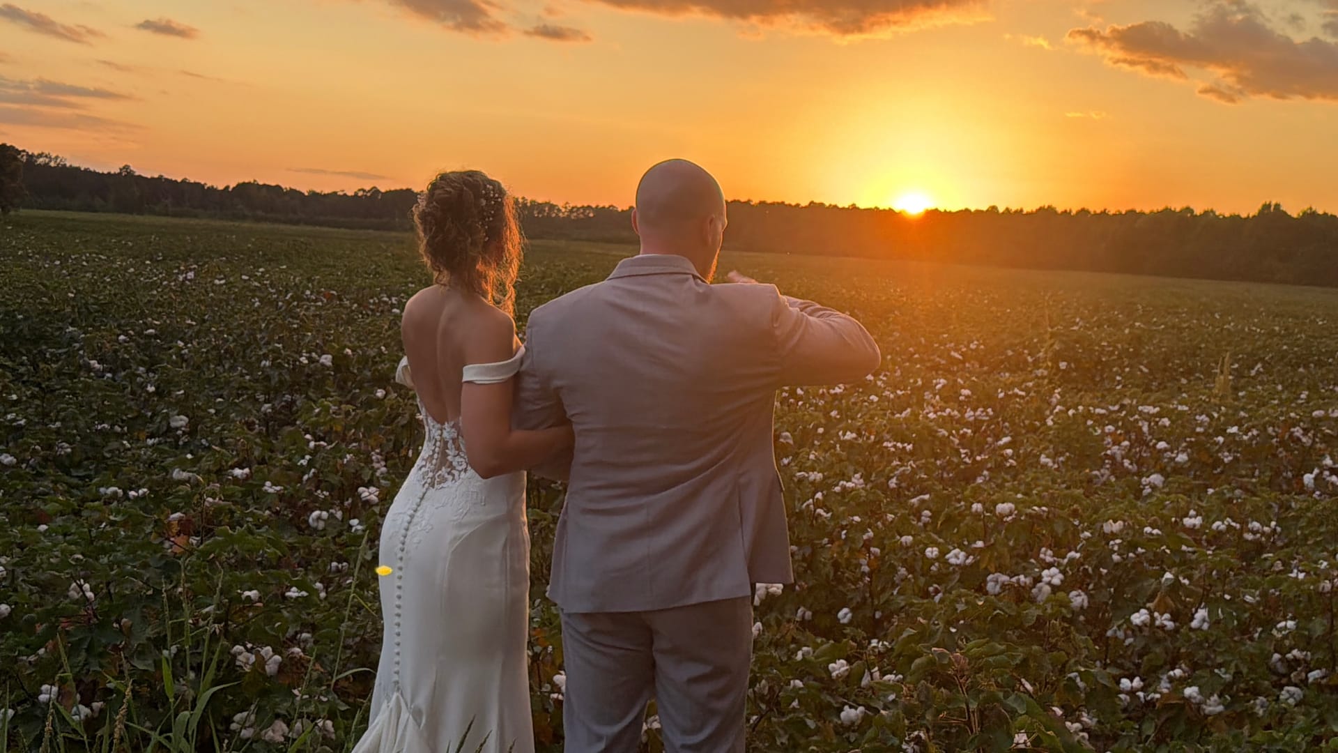 Bride and groom standing together in a blooming cotton field at Scarborough House watching a glowing orange sunset over the treeline.