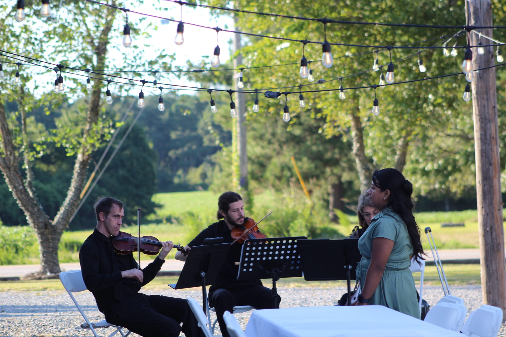 String quartet performing outdoors at Scarborough House estate wedding venue beneath Edison bulb string lights with lush green trees and open farmland in the background.