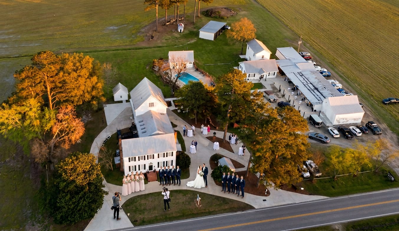 Aerial golden-hour drone photograph of a full wedding party posed in front of the 1821 white historic manor at Scarborough House, surrounded by manicured grounds, oak trees, a pool, and sweeping farmland fields.