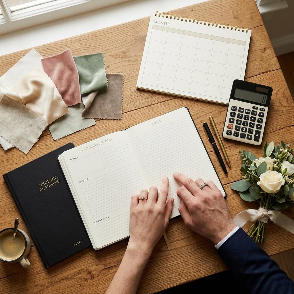 Illustration of a couple reviewing a wedding planner beside a calendar and calculator