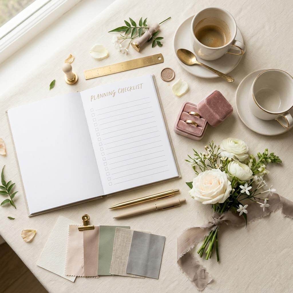 Illustration of a wedding-planning notebook with rings, coffee, flowers and fabric swatches