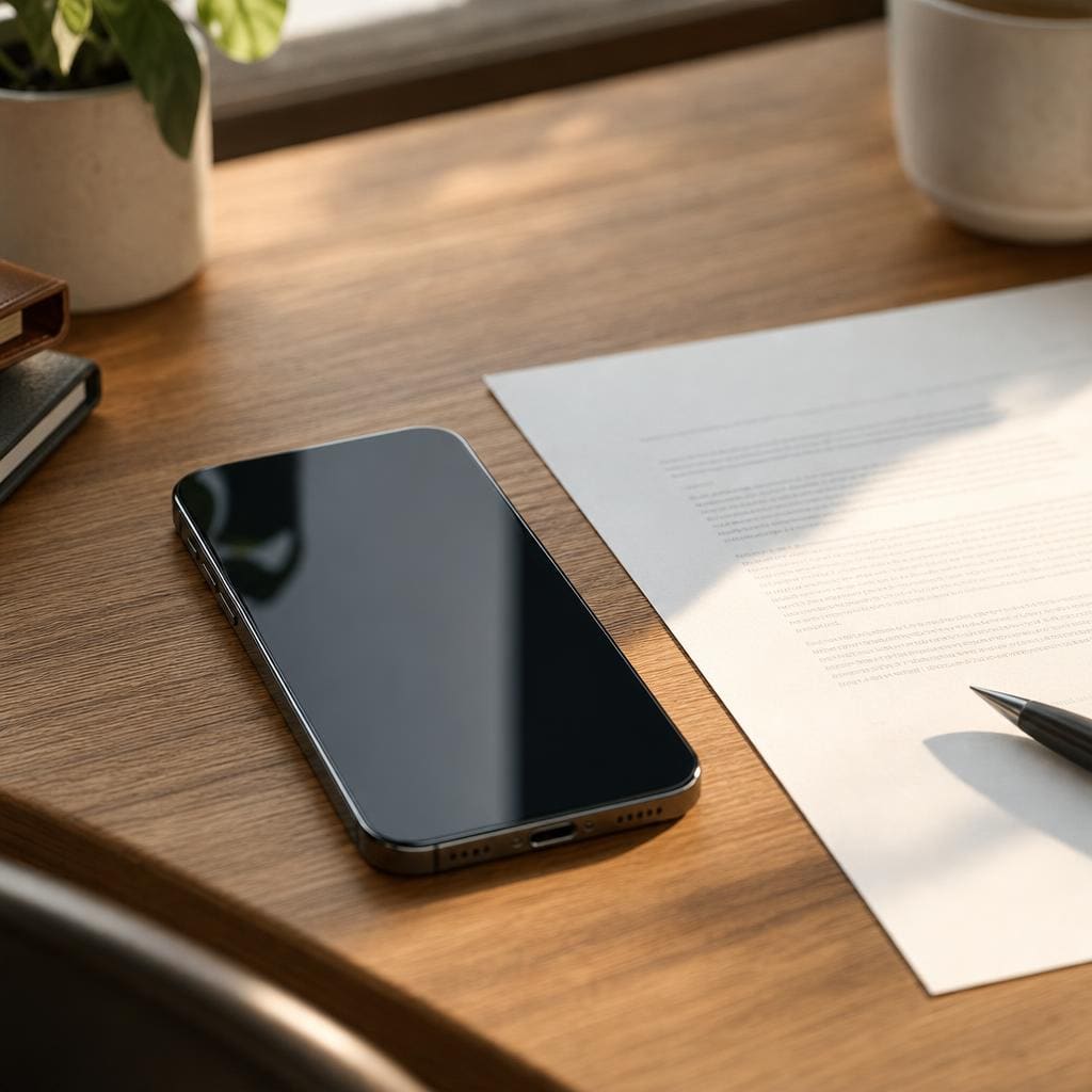 A phone on a wooden desk next to a printed letter — the BBB sales call Josh received at Scarborough House