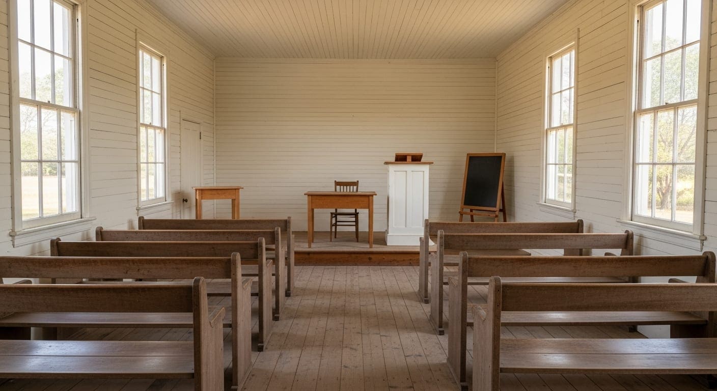 The simple interior of an 1800s one-room country church and schoolhouse with wooden pews and tall windows