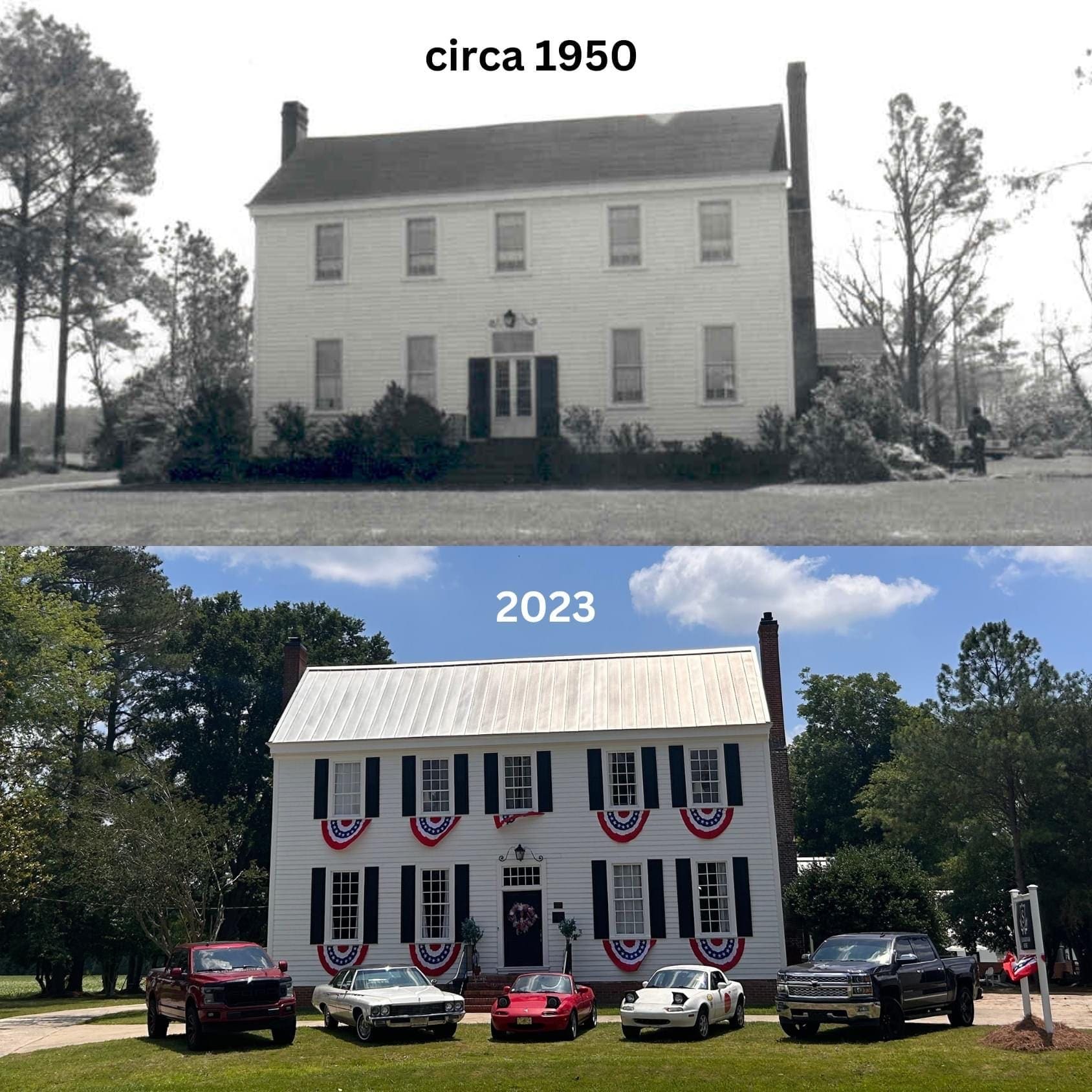 A side-by-side comparison of Scarborough House around 1950 and the fully restored estate in 2023