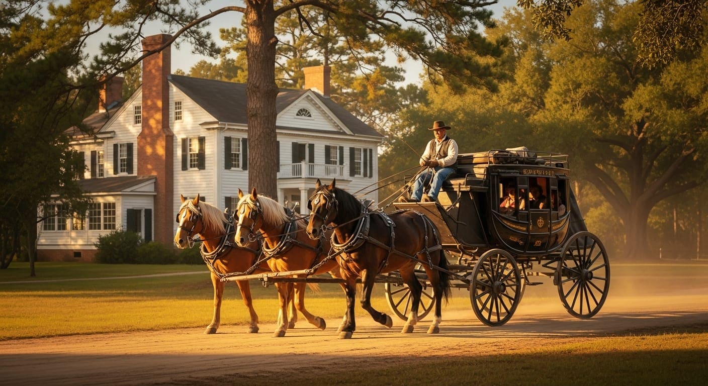 A horse-drawn stagecoach arriving at a white Federal-style Southern home on a dusty road in the early 1800s