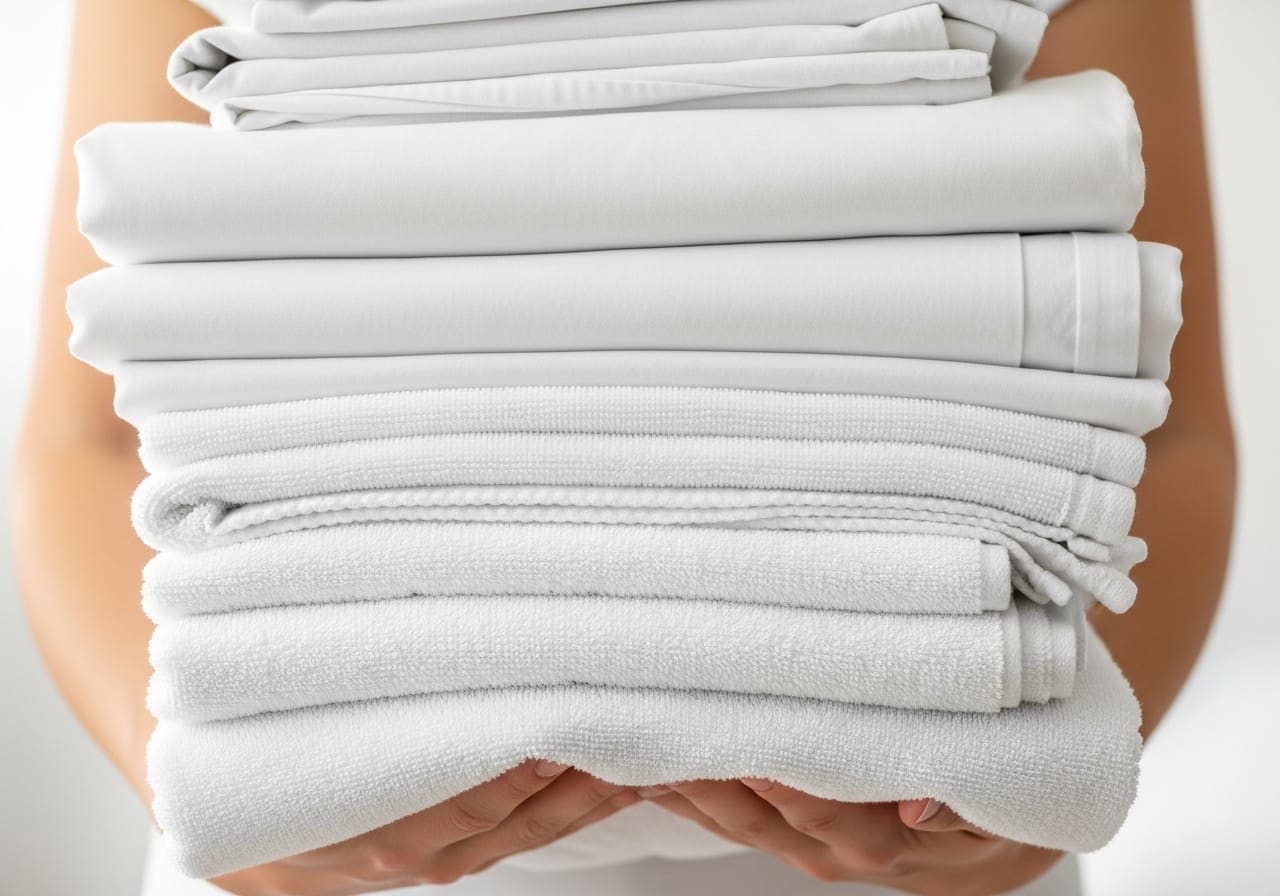 A tall stack of freshly laundered white sheets and towels carried in someone's arms