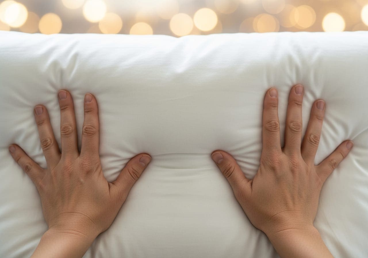 Two hands pressing into a plump white pillow to fluff it during bed making