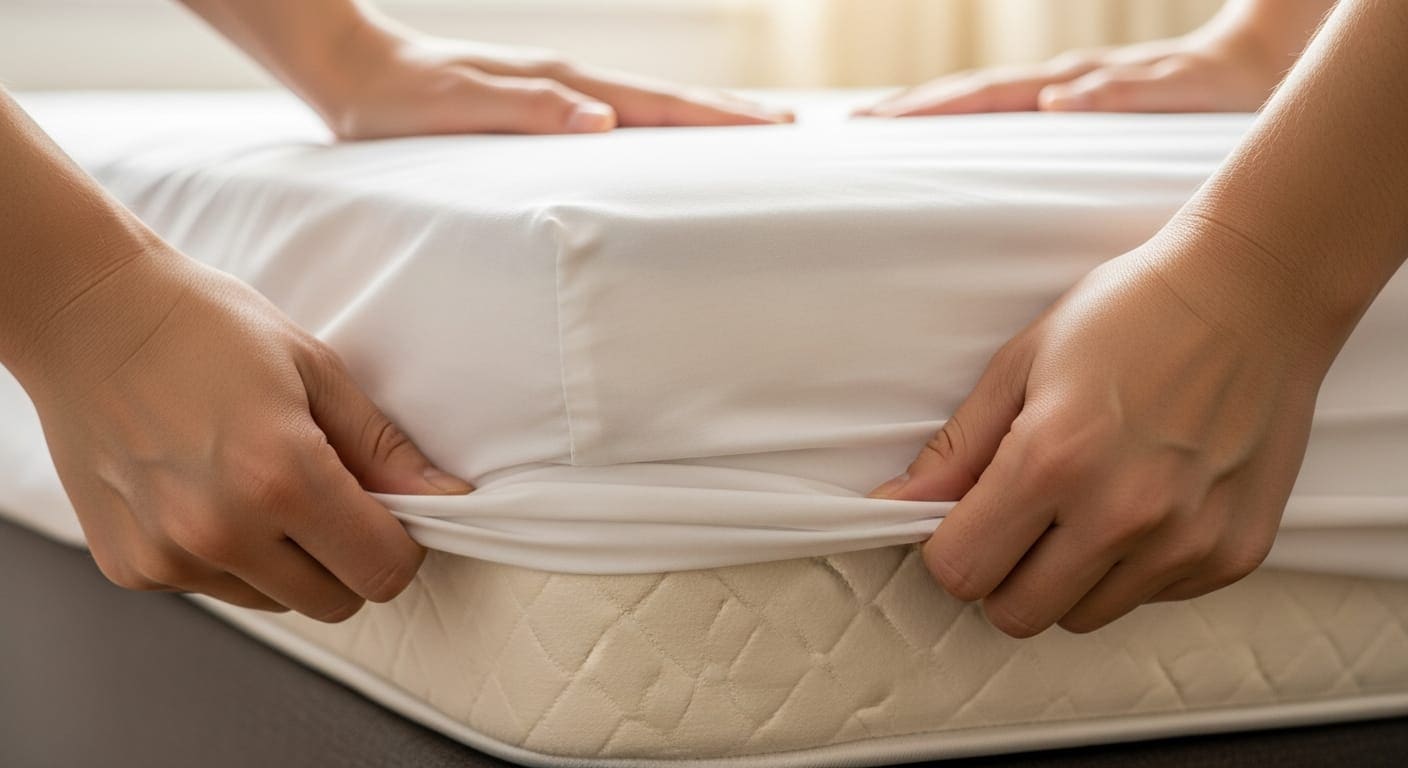 Hands pulling a crisp white fitted sheet tight across a mattress corner during a wedding venue turnover at Scarborough House
