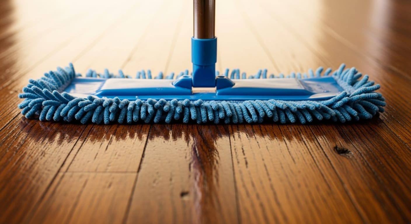 Close-up of a microfiber mop gliding across original hardwood floors during a venue turnover