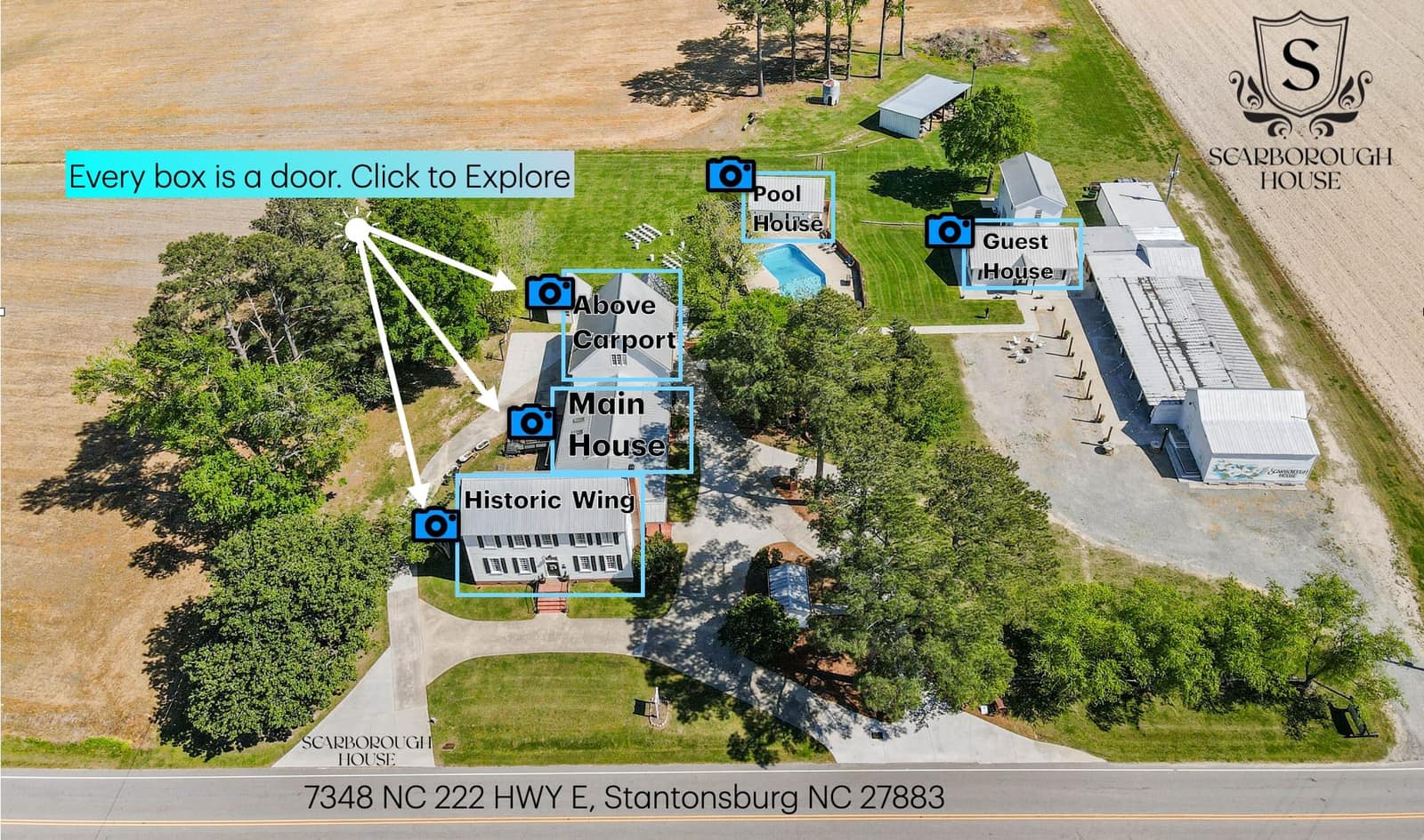 Aerial lodging map of Scarborough House showing the 13 bedrooms across the estate in Stantonsburg NC