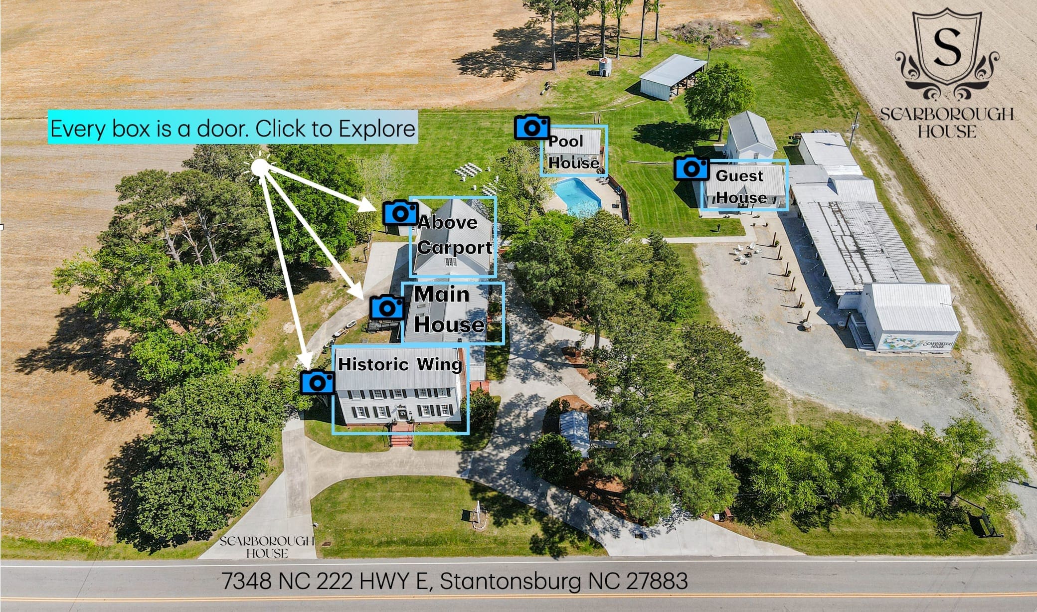 An aerial map view of the Scarborough House estate showing the historic house, pavilion, pool, and surrounding grounds in Stantonsburg, North Carolina